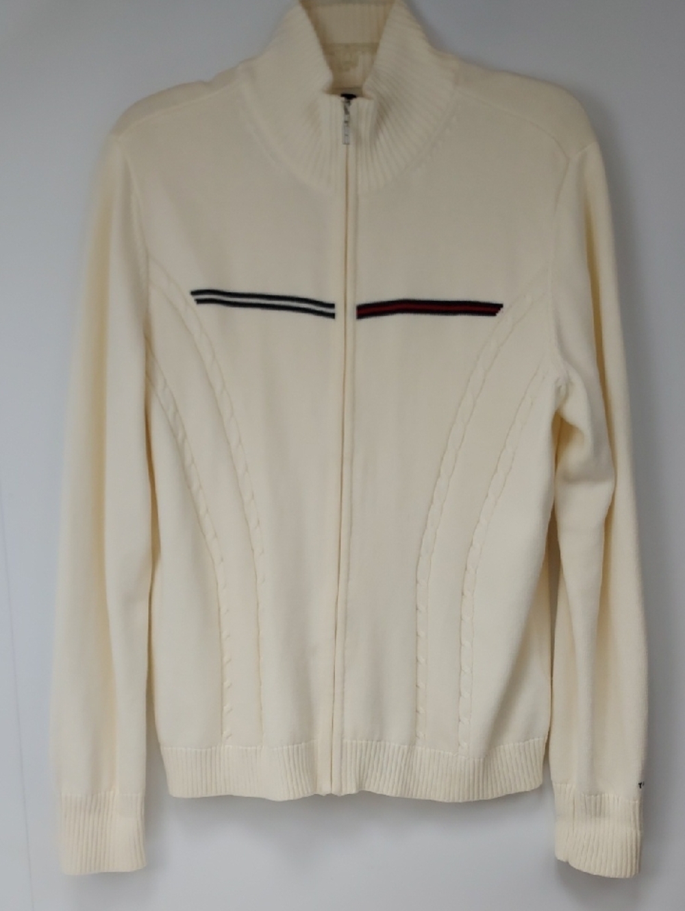 Tommy Hilfiger Cream Knit Zip 100% Cotton Cardigan with Navy Logo Tag
